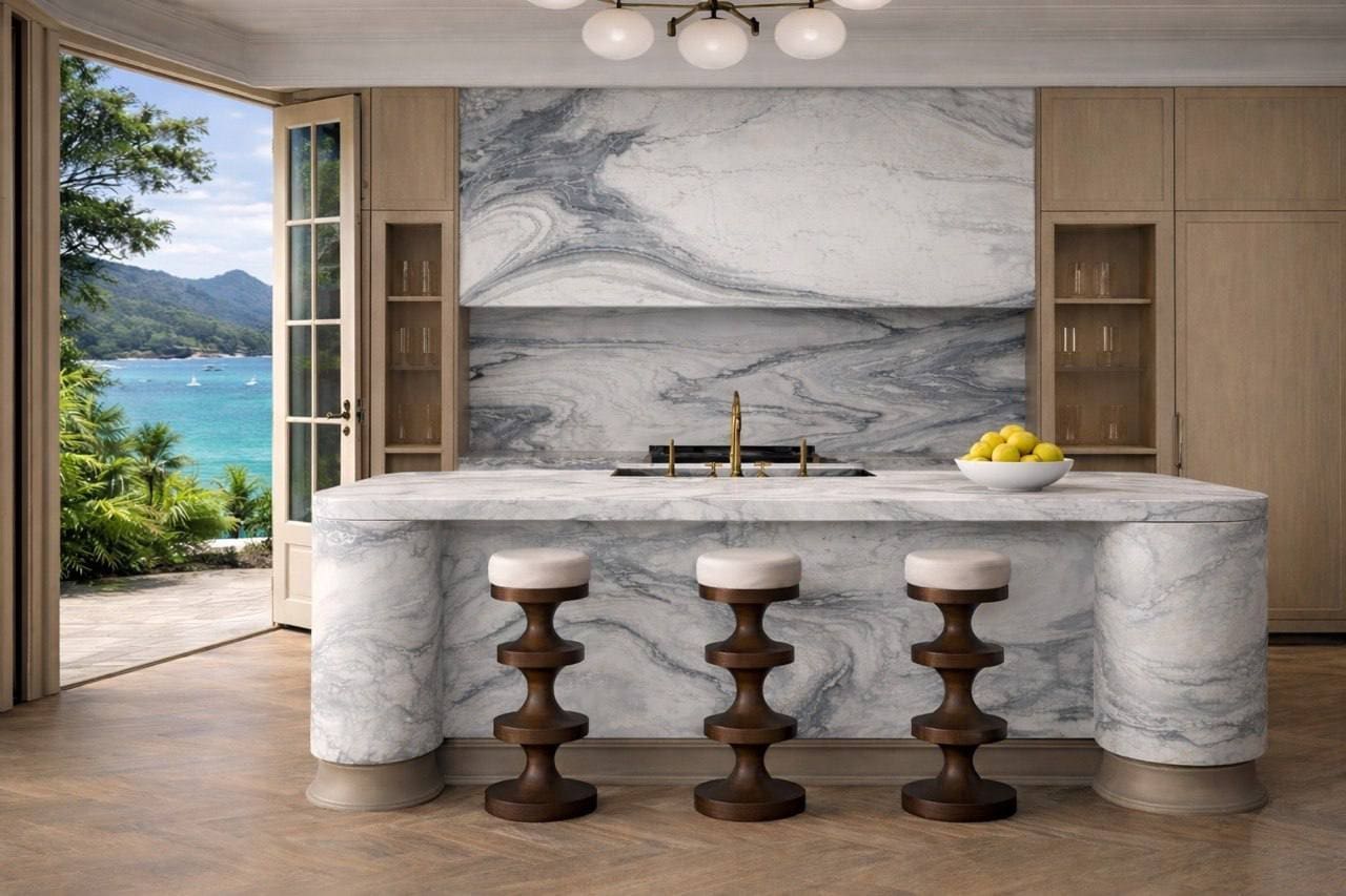 Marble tiled kitchen.